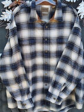 St. John's Bay Men's 3XL Navy and White Plaid Flannel Shirt with Brown Cord Trim